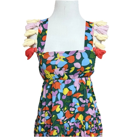J.Crew Size XS Tassel Dress Confetti Green Floral Organic Cotton Tiered Midi - Picture 5 of 16